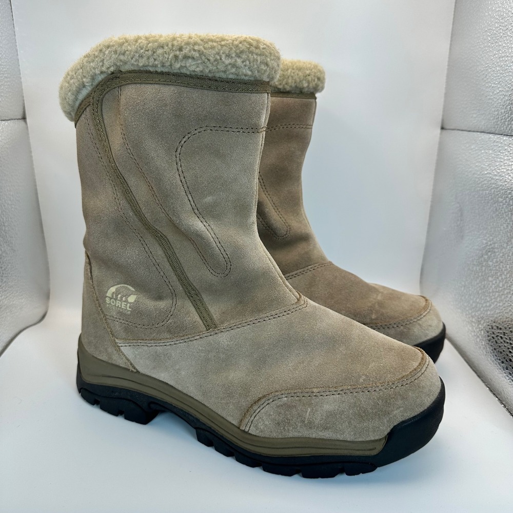 Sorel Waterproof Winter Boots Women 9 Tan Suede Faux Fur Gorpcore Outdoor 8174